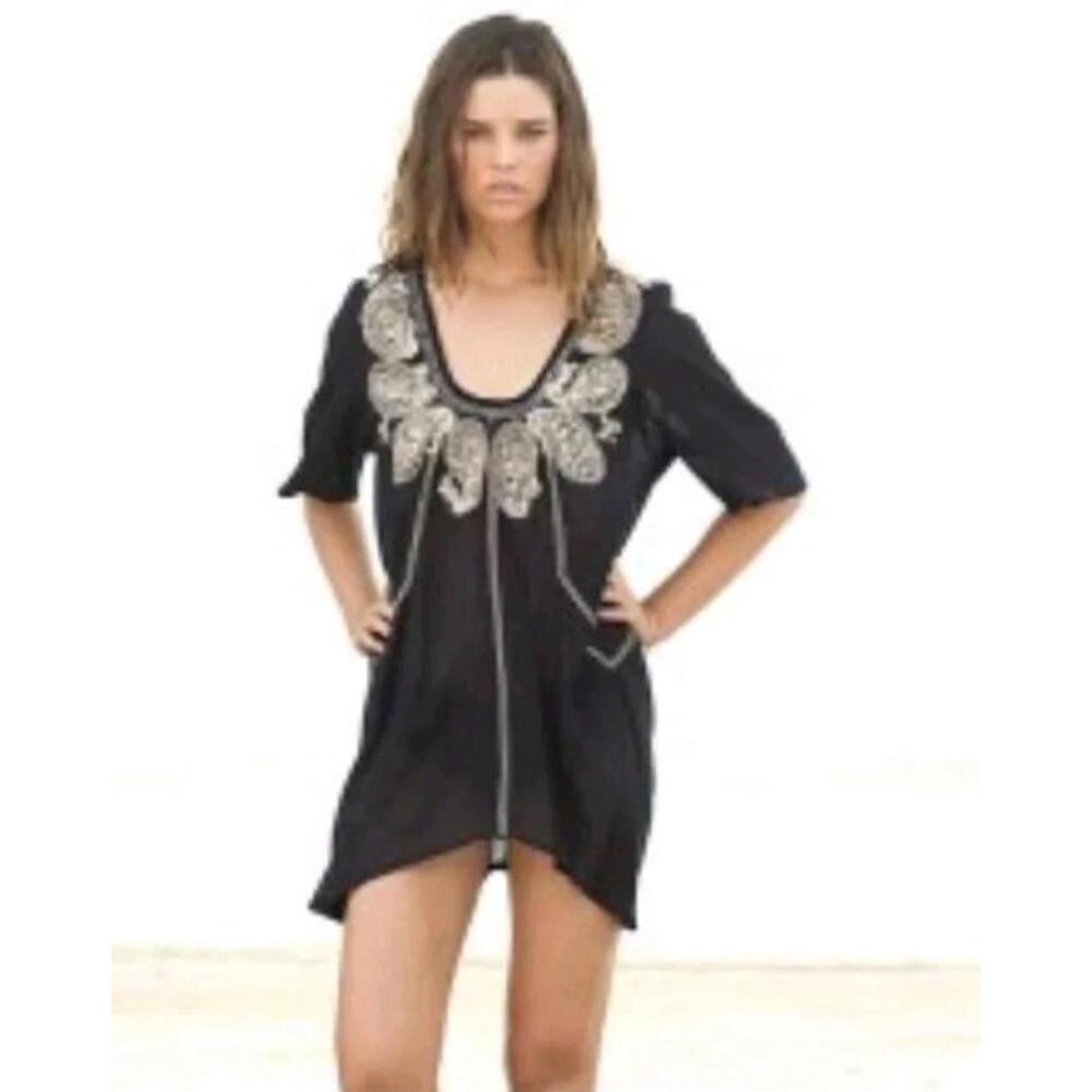 Joie A La Plage, Size S Black With Paisley Embroidery Cover Up Top Mini Dress #C